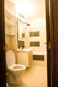 Un baño con inodoro, lavabo y ducha. en Apartment in Odorheiu Secuiesc, en Văleni