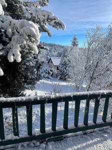 een met sneeuw bedekt hek met een huis op de achtergrond bij Chalet L'Eider in Bolquere Pyrenees 2000 +4 foto's