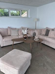 a living room with a couch and a coffee table at Udsigtsvilla Tambohus in Thyholm