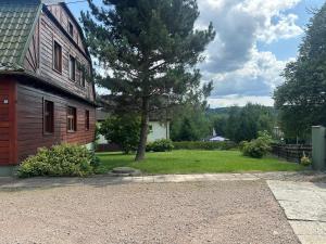 a house with a tree in front of a yard at Parkowa Apartment in Wadowice
