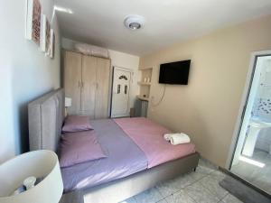 a bedroom with a bed with purple sheets and a tv at Thanas Apartment in Himare