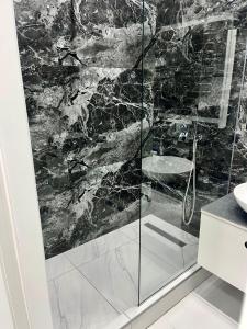 une salle de bain avec une douche avec une porte vitrée dans l'établissement Затишні апартаменти в серці Аркадії, à Odessa 12 autres photos