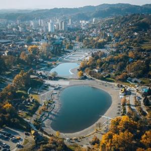 an aerial view of a river and a city at Apartman Lavanda in Živinice