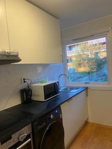 a kitchen with a microwave and a sink and a window at Cozy place 3 double bed in Oslo