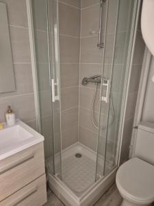 un bagno con doccia, wc e lavandino di Studio cabine Les Angles - Soleil et Montagne a Les Angles