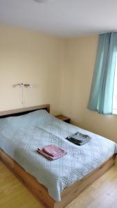 a bedroom with a bed with two towels on it at Apartment Photinia in Byala