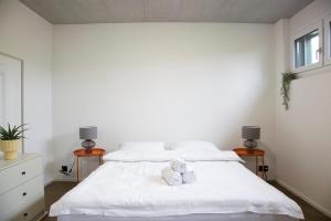 アーラウにあるStudio 111 loft with views over Aarauの白いベッドとタオルが2枚置かれた寝室
