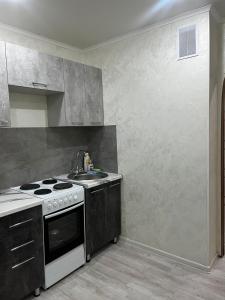 una cocina con estufa y fregadero en Квартира, en Pavlodar