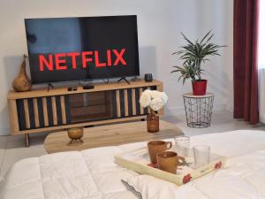 a living room with a tv with a netflix sign on it at La Rochoise - Parking, Wifi, proche Fontainebleau in La Grande-Paroisse