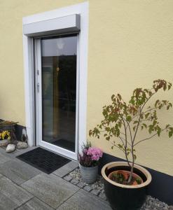a plant in a pot next to a door at Ferienwohnung am Pilsensee in Seefeld