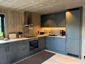 eine große Küche mit grauen Schränken und Holzböden in der Unterkunft Elegantes, ruhiges Ferienhaus in bester Lage für alle Outdoorfans in Randsverk