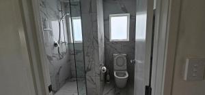a bathroom with a shower and a toilet and a window at Pyramid beach unit in Karikari Peninsula