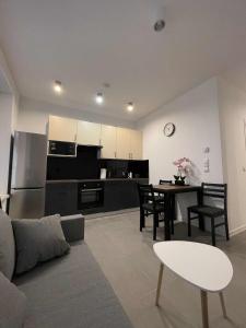 a kitchen and living room with a couch and a table at Apartament 11 Wolności in Brzeg +3 photos