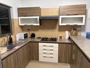 a small kitchen with a sink and a microwave at 2 Bedroom Lotus Apt Flic en Flac in Flic-en-Flac