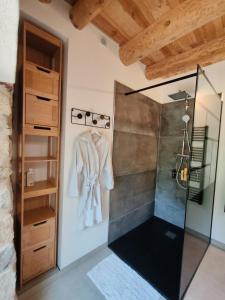 a bathroom with a shower with a glass door at Le Clos d'Aboulin in Saint-Christophe-dʼAllier