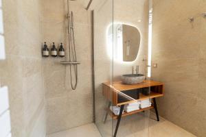 Un baño con ducha con lavabo y espejo. en Appartement standing T3 cœur de Briançon proche des pistes, Serre-Chevalier, en Briançon 45 fotos más