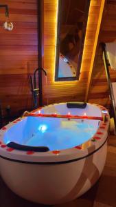 een groot bad in een badkamer met een spiegel bij Chalé nascer do sol in Massaranduba +58 foto's