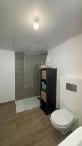 Un baño con inodoro y ducha de cristal. en Séjour cosy avec vue mer, Clim et Netflix, en La Ciotat