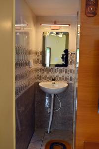a bathroom with a sink and a mirror at Suhas Nest in Mysore +27 photos