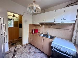 eine Küche mit weißen Schränken, einer Spüle und einem Kühlschrank in der Unterkunft Centru Vechi Craiova in Craiova + 2 Fotos