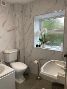 a bathroom with a toilet and a sink and a window at Old Store Cottage, Up Holland in Upholland +29 photos