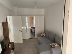 a living room with a gray couch and a living room with at Ana Maria in Lunca Cetăţuii