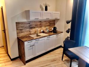 a kitchen with a sink and a wooden wall at Apartament w sercu Elbląga in Elblag