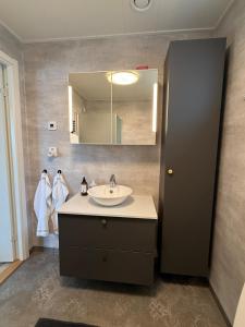a bathroom with a sink and a mirror at Villa Guldkusten in Kolsva +48 photos