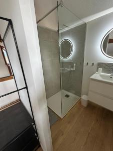 a bathroom with a glass shower and a sink at Nouveauté Gite la virée verte in Vagney +17 photos