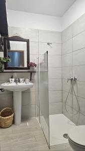 a bathroom with a shower and a sink and a toilet at Casa Rural La Chaparra - Apartamento Fondales in Pitres