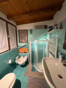un bagno con lavandino, doccia e WC di Trilocale zona funivie a Bormio a Bormio