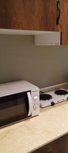 un micro-ondes posé sur un comptoir à côté d'une cuisinière dans l'établissement Résidence touristique marcadal by Mon rêve, à Fort-de-l'Eau