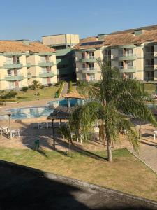 a palm tree and a swimming pool in a building at Flat Village - Aldeia das Águas F305 in Barra do Piraí