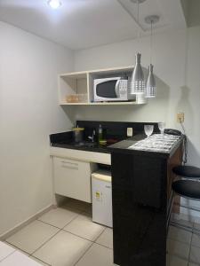 a small kitchen with a microwave and a counter at Flat Village - Aldeia das Águas F305 in Barra do Piraí