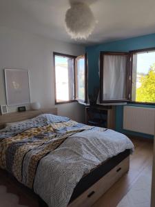 a bedroom with a bed in a room with windows at Appartement près du centre in Cahors