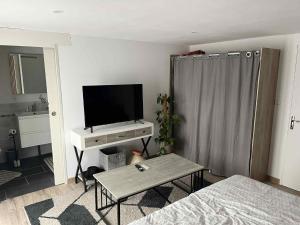 a living room with a flat screen tv on a table at chez Riva et Christophe in Luynes