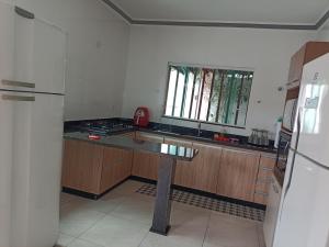a kitchen with a counter and a sink and a refrigerator at Aconchego, lazer IC in Pirenópolis