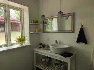 a bathroom with a sink and a mirror at Birkevang holiday apartment in idyllic countryside in Faxe +33 photos