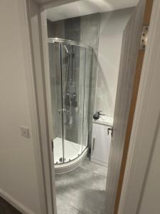 un baño con ducha y WC en Spacious 4BR Apartment 7 Beds Near Station, en Newport