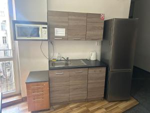 a small kitchen with a sink and a refrigerator at Loftel v centru Ostravy in Slezská Ostrava