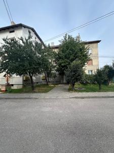 eine leere Straße mit Bäumen vor einem Gebäude in der Unterkunft Apartment cu vedere la râu in Gura Humorului + 10 Fotos