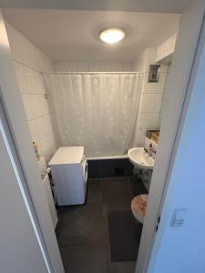 a small bathroom with a toilet and a sink at Inselblick am Wasser in Werder