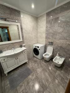 a bathroom with a toilet sink and a washing machine at 2к люкс в класичному стилі Netflix in Khmelʼnytsʼkyy