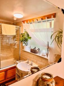 a bathroom with a sink and a shower and a mirror at Traditional Country Cottage in Chew Magna