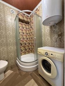 a bathroom with a washing machine and a toilet at Розенталька in Mizikevycha +6 photos
