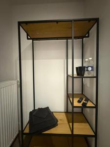 a book shelf in a room with a shelf at Landhaus Pension Jagdschlösschen in Willingen