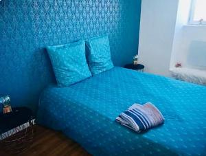 a blue bedroom with a bed with a blue bedspread at T2 Cozy au Centre 4 Personnes RochExpo Train Express Annecy Genève Evian in La Roche-sur-Foron +29 photos