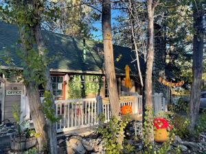 a small house with a white fence and trees at Sleepy Forest Cottages in Big Bear Lake
