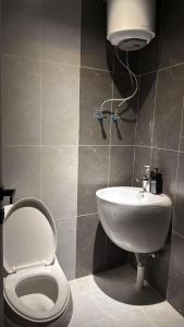 a bathroom with a toilet and a sink at شقق النخيل المخدومة in Al Kharj