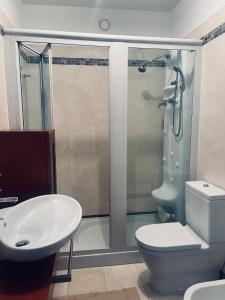 a bathroom with a shower and a toilet and a sink at Lugano Breve Soggiorno in Viganello